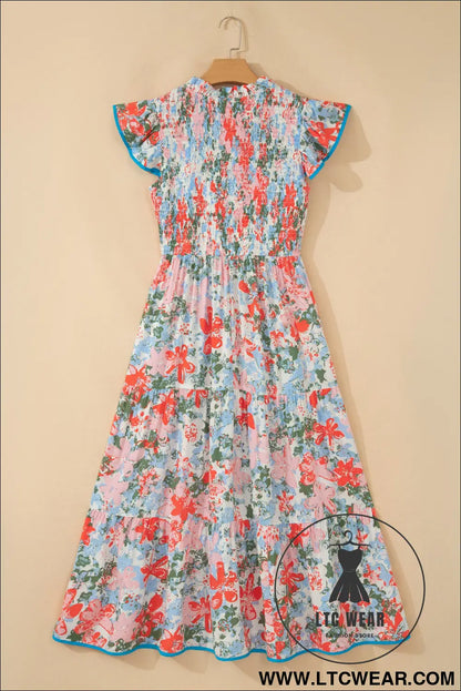 Apricot Floral Print V Neck Contrast Trim Flutter Sleeve Long Dress - L.T.C Wear Online Fashion Store
