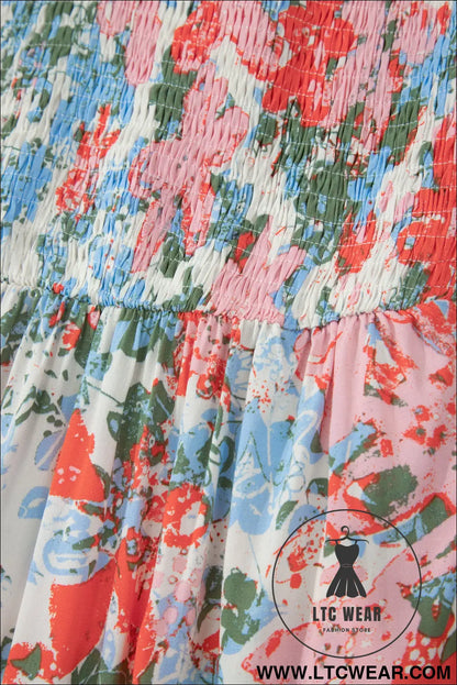 Apricot Floral Print V Neck Contrast Trim Flutter Sleeve Long Dress - L.T.C Wear Online Fashion Store