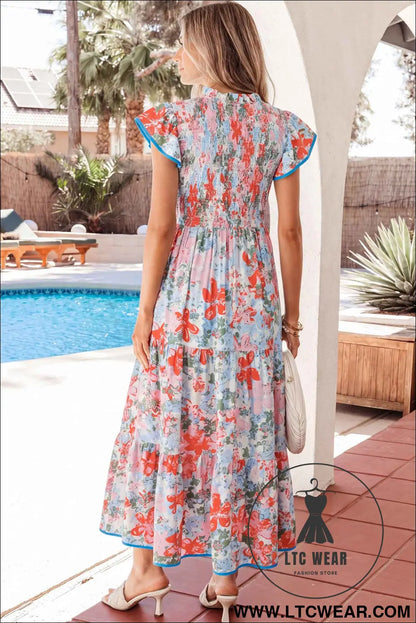Apricot Floral Print V Neck Contrast Trim Flutter Sleeve Long Dress