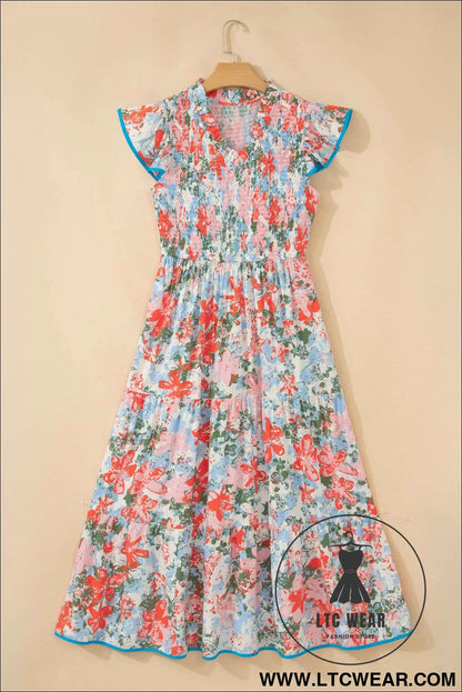 Apricot Floral Print V Neck Contrast Trim Flutter Sleeve Long Dress