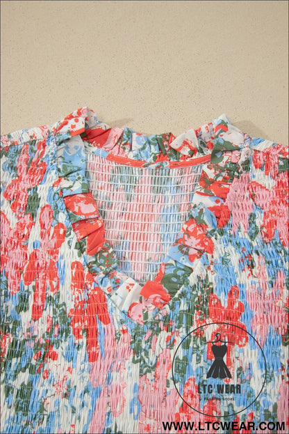 Apricot Floral Print V Neck Contrast Trim Flutter Sleeve Long Dress - L.T.C Wear Online Fashion Store