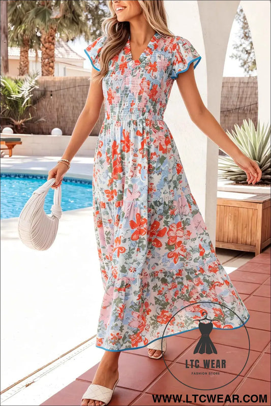 Apricot Floral Print V Neck Contrast Trim Flutter Sleeve Long Dress