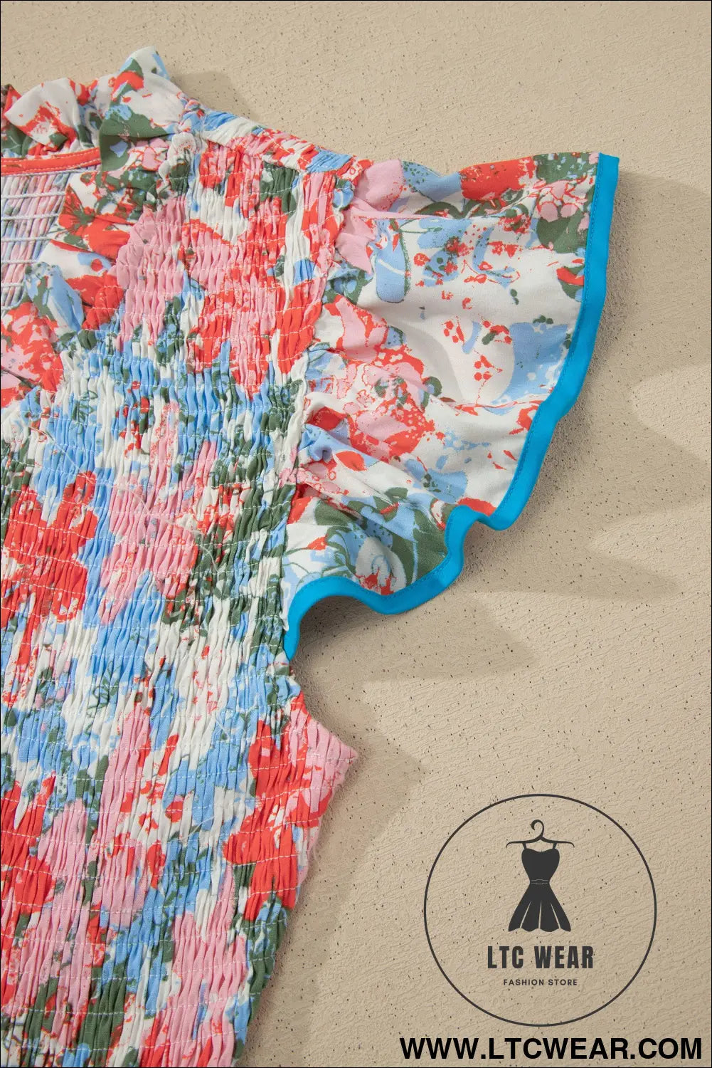 Apricot Floral Print V Neck Contrast Trim Flutter Sleeve Long Dress - L.T.C Wear Online Fashion Store