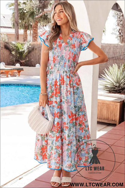 Apricot Floral Print V Neck Contrast Trim Flutter Sleeve Long Dress