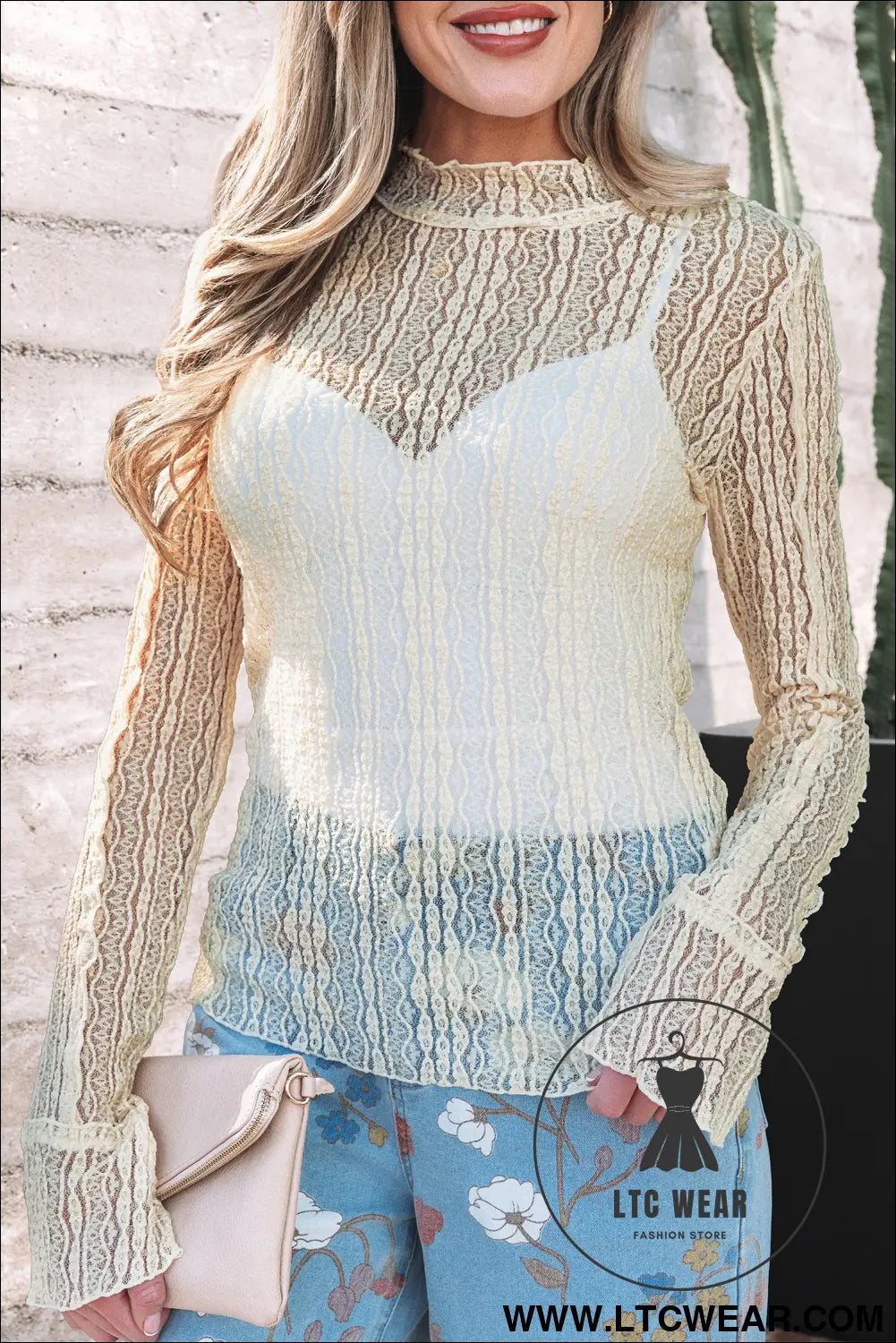 Apricot Flounced Long Sleeve Mock Neck Sheer Lace Top - L.T.C Wear Online Fashion Store
