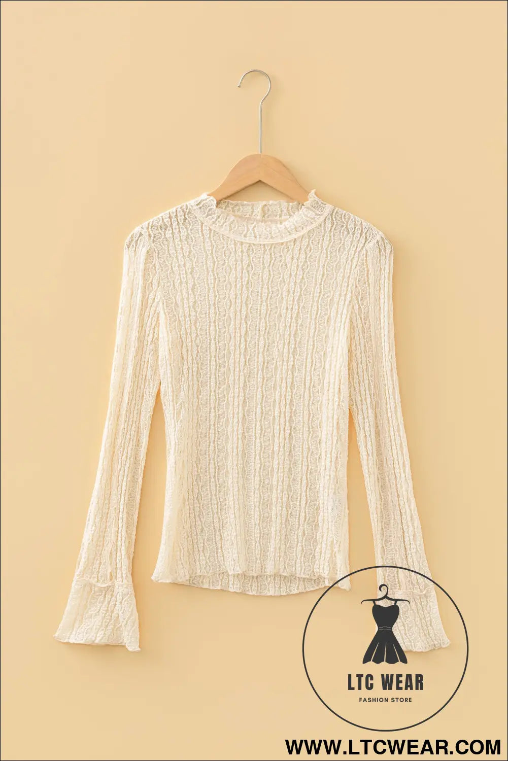 Apricot Flounced Long Sleeve Mock Neck Sheer Lace Top - L.T.C Wear Online Fashion Store