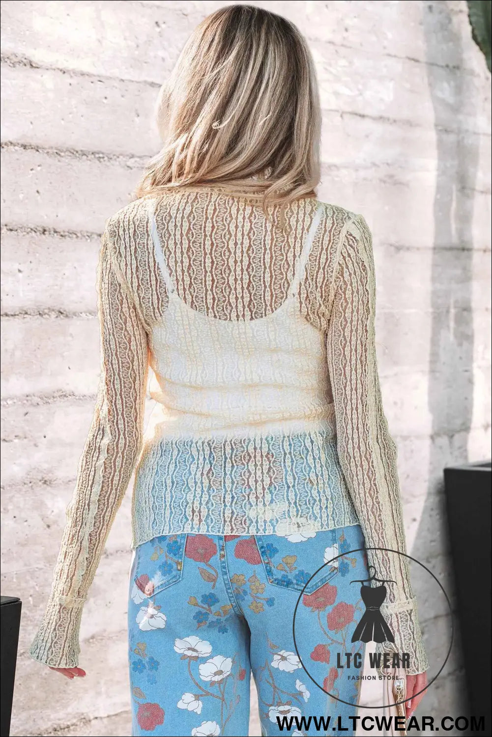 Apricot Flounced Long Sleeve Mock Neck Sheer Lace Top
