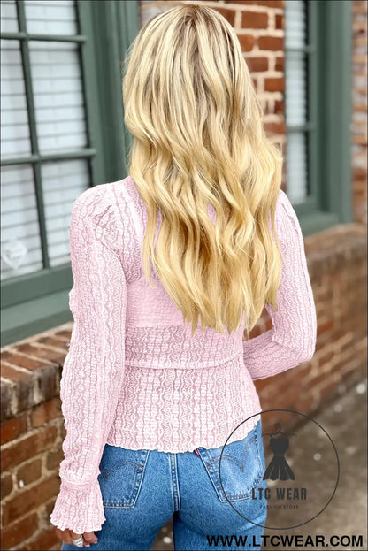 Apricot Flounced Long Sleeve Mock Neck Sheer Lace Top - L.T.C Wear Online Fashion Store