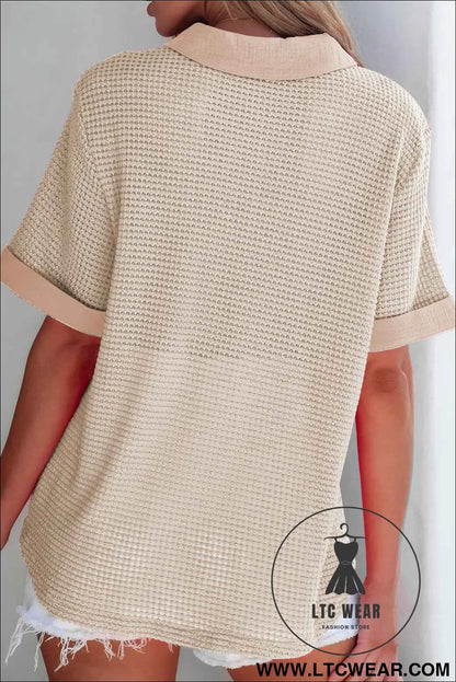 Apricot Gauze Waffle Button Down Short Sleeve Shirt