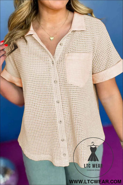 Apricot Gauze Waffle Button Down Short Sleeve Shirt