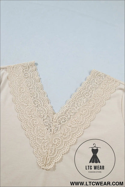 Apricot lace trim v neck long sleeve patchwork pullover top - long sleeve tops