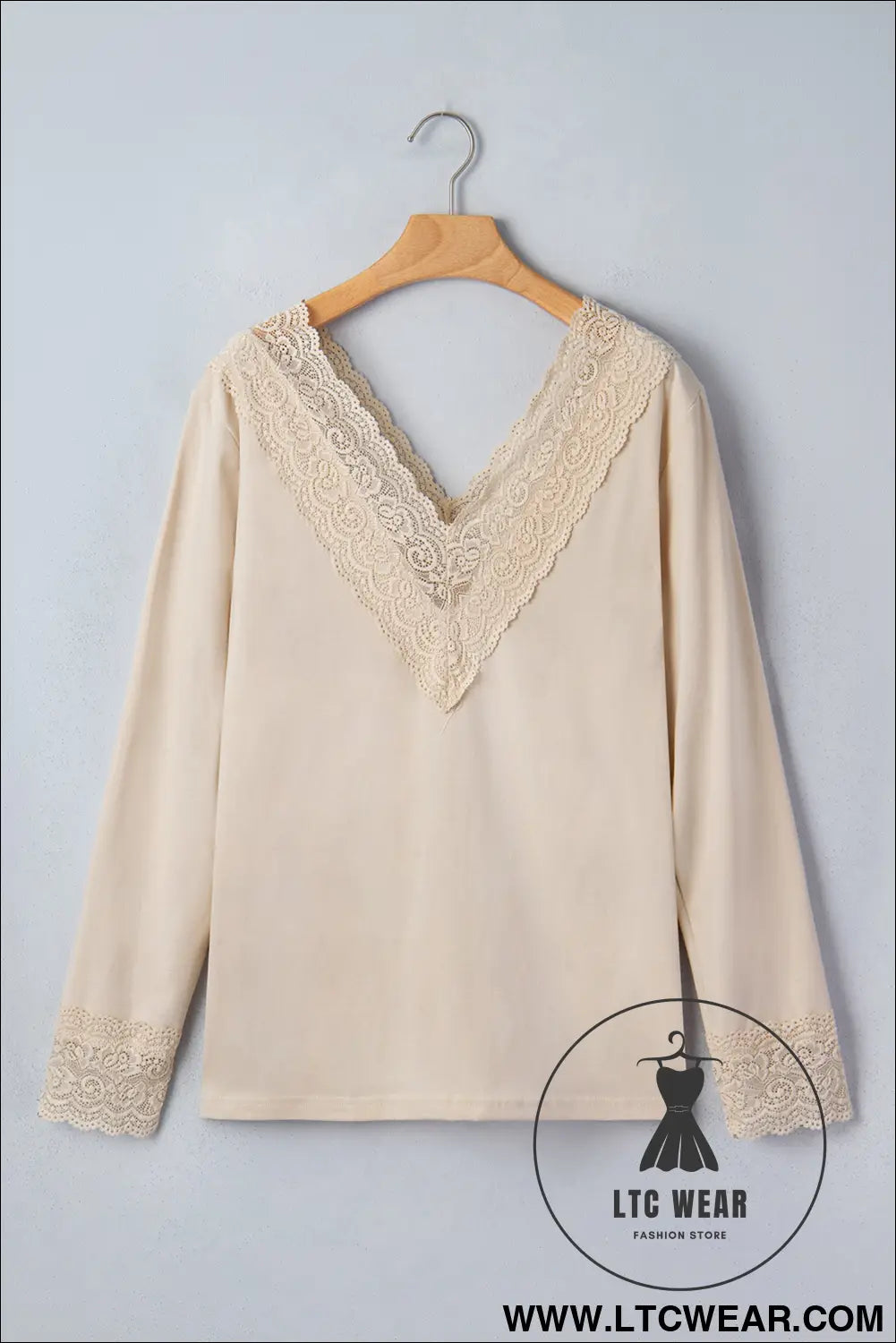 Apricot lace trim v neck long sleeve patchwork pullover top - long sleeve tops