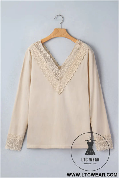 Apricot lace trim v neck long sleeve patchwork pullover top - long sleeve tops