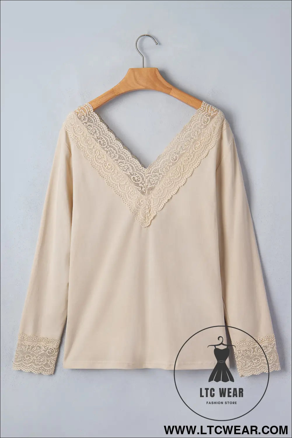 Apricot lace trim v neck long sleeve patchwork pullover top - long sleeve tops