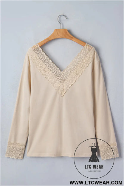 Apricot lace trim v neck long sleeve patchwork pullover top - long sleeve tops