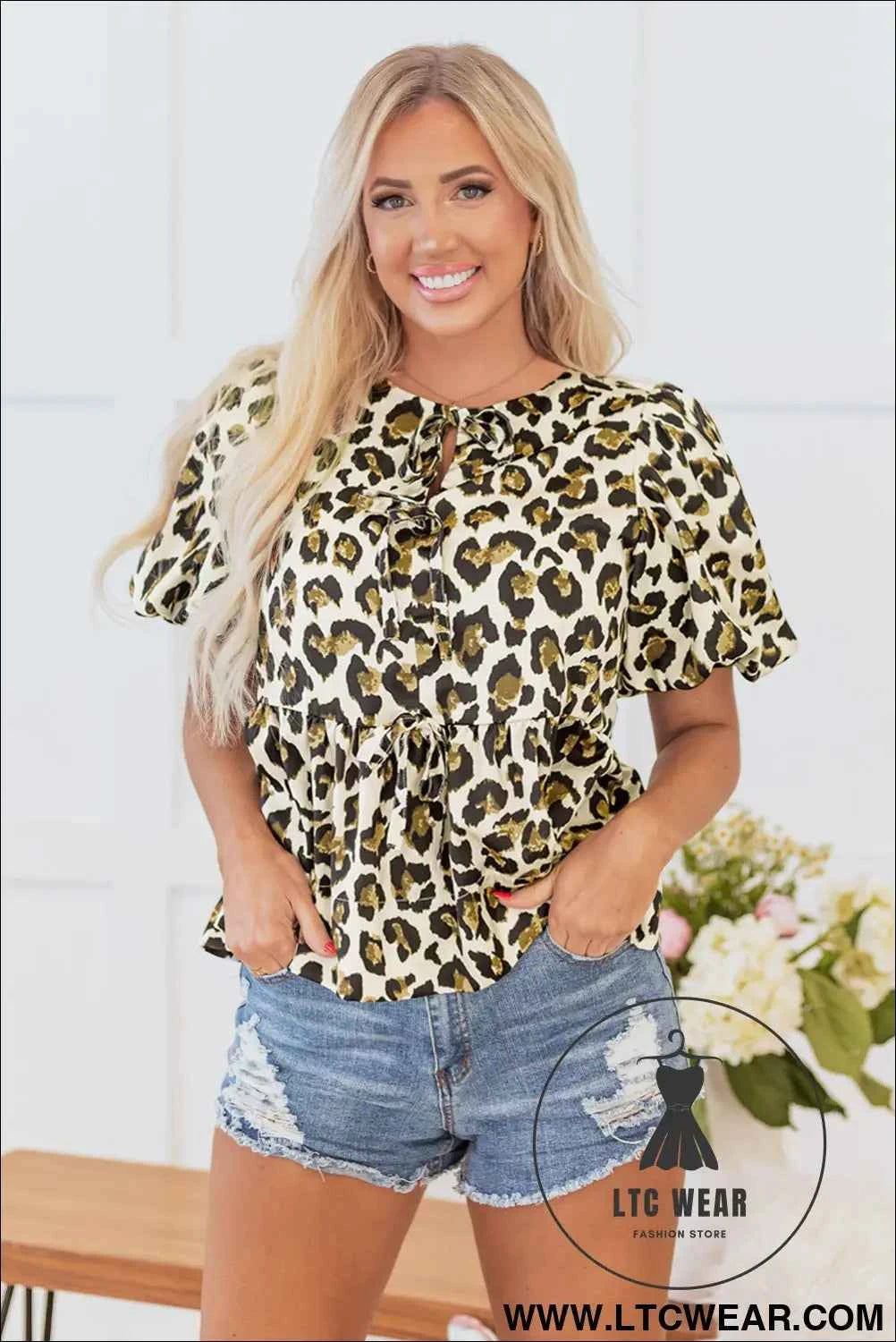 Apricot Leopard Bubble Sleeve Bow Tie Front Peplum Blouse