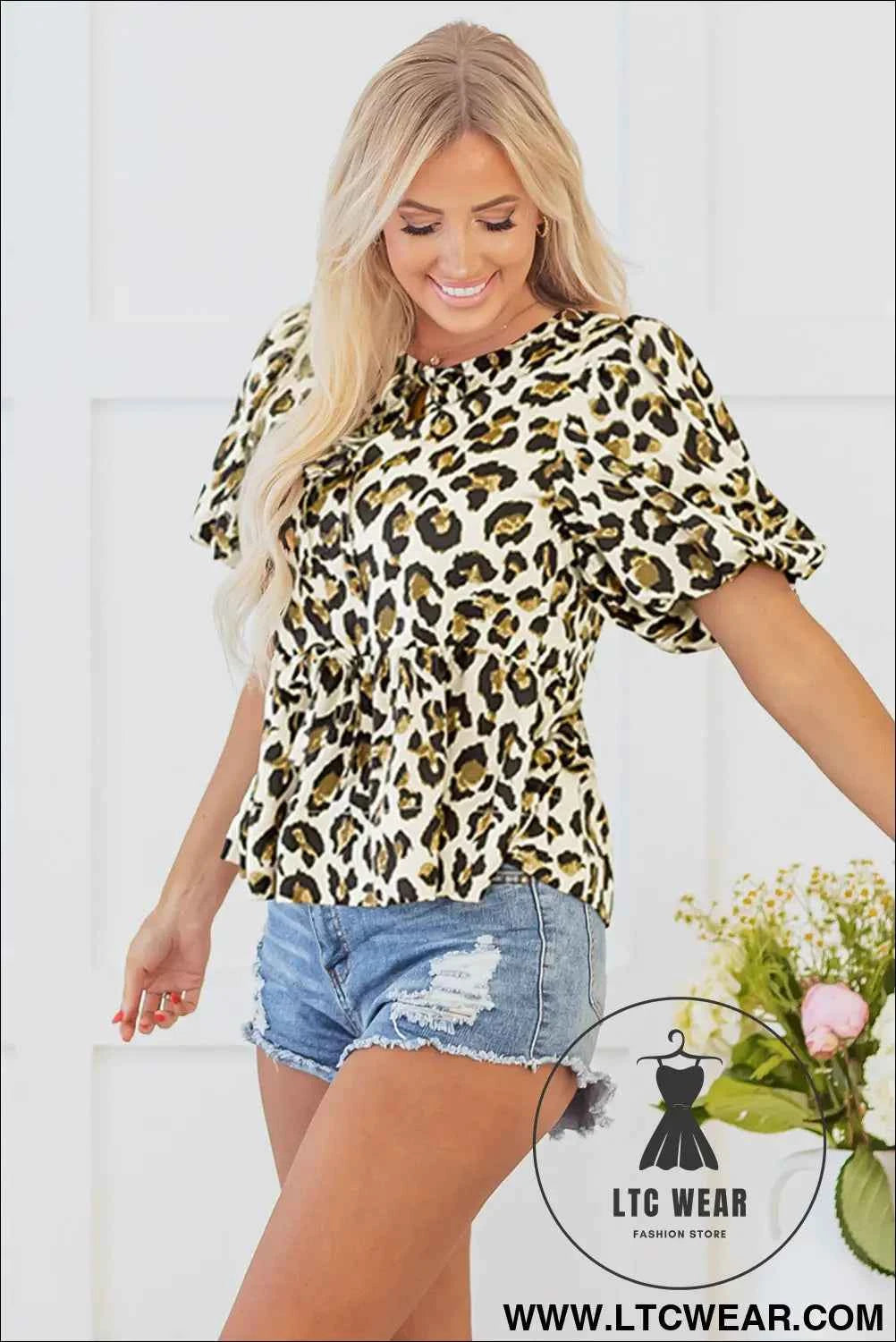 Apricot Leopard Bubble Sleeve Bow Tie Front Peplum Blouse