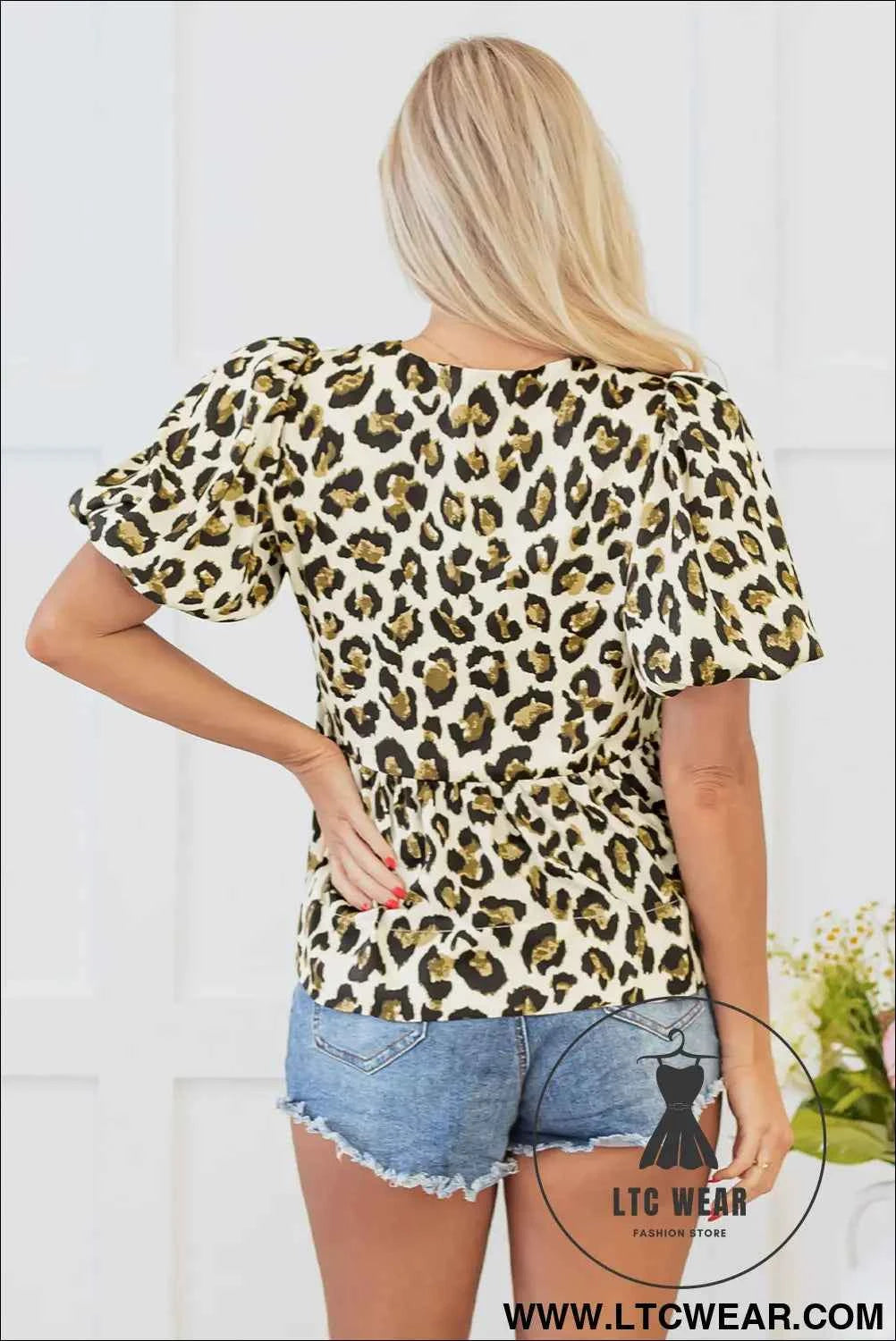 Apricot Leopard Bubble Sleeve Bow Tie Front Peplum Blouse