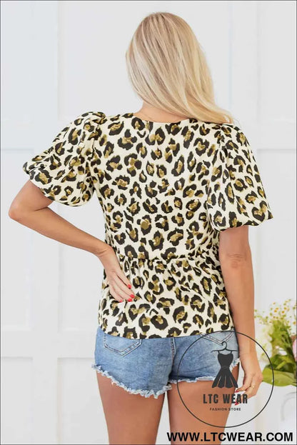 Apricot Leopard Bubble Sleeve Bow Tie Front Peplum Blouse