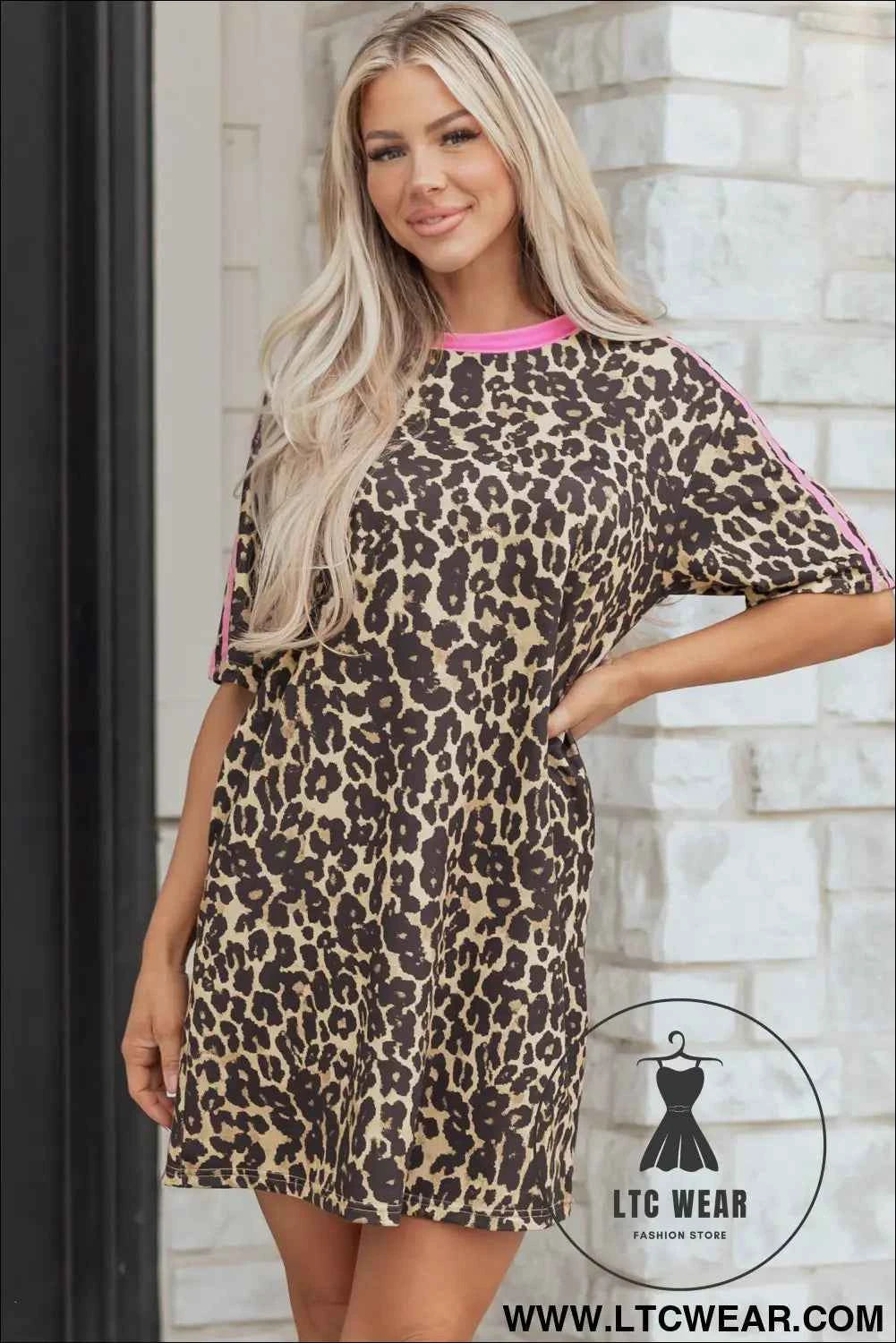 Apricot Leopard Print Contrast Varsity Striped Detail Loose T Shirt Dress