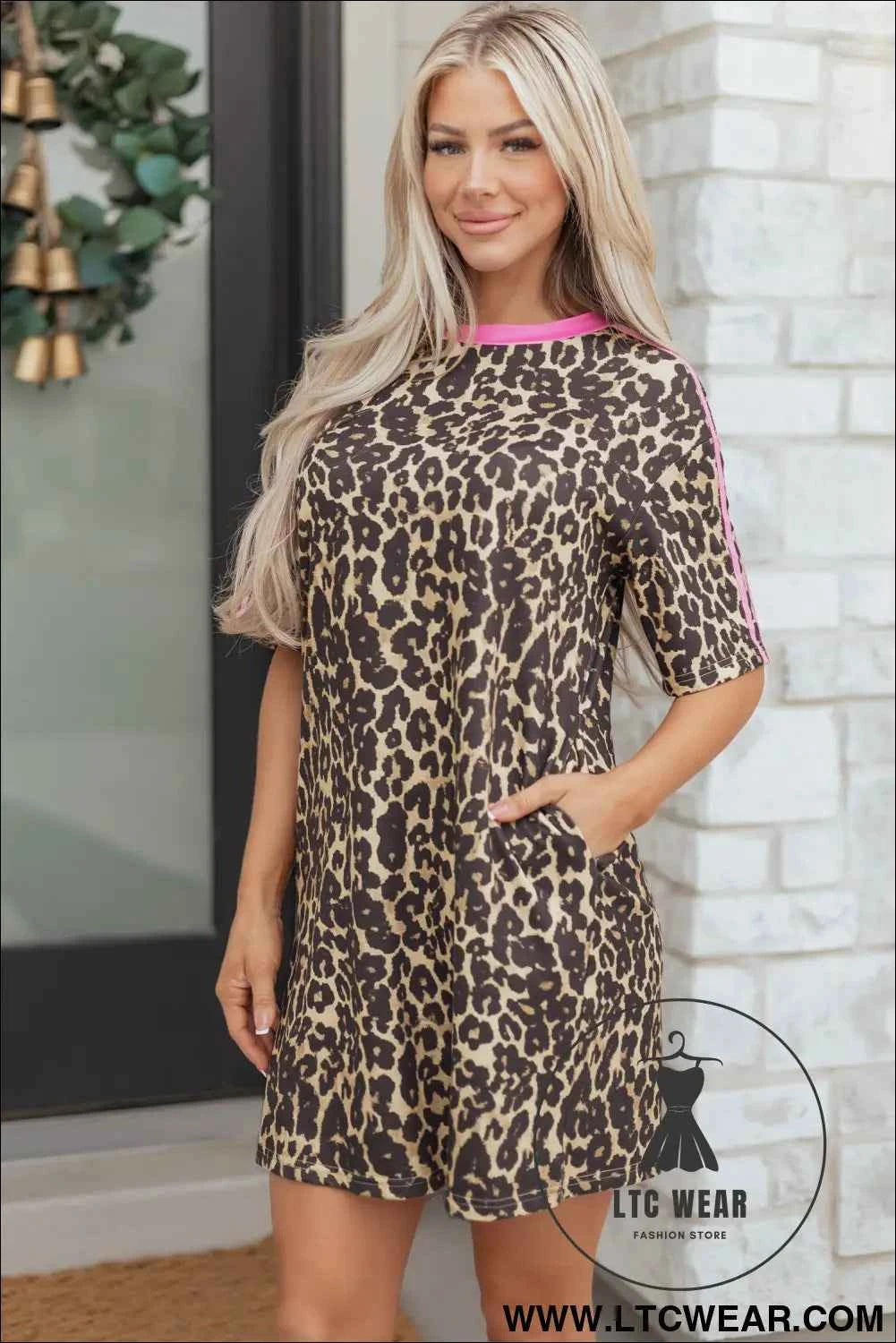 Apricot Leopard Print Contrast Varsity Striped Detail Loose T Shirt Dress