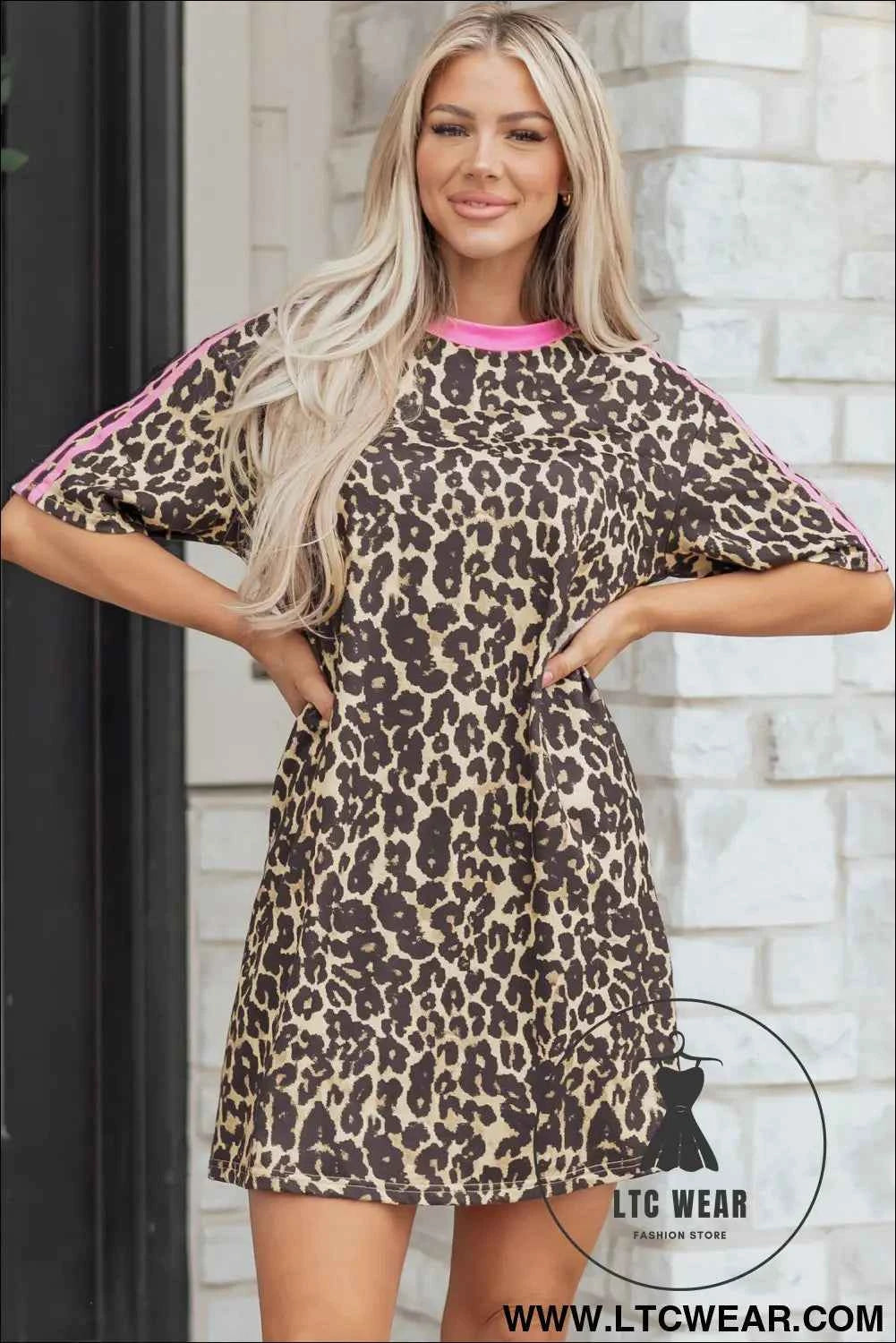 Apricot Leopard Print Contrast Varsity Striped Detail Loose T Shirt Dress