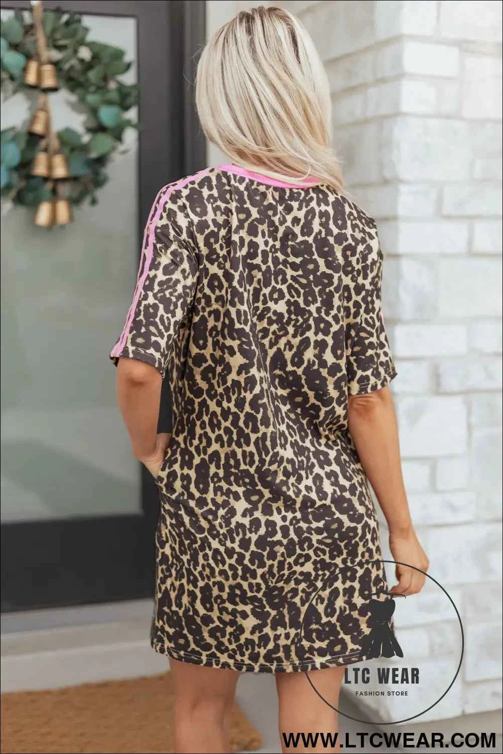 Apricot Leopard Print Contrast Varsity Striped Detail Loose T Shirt Dress