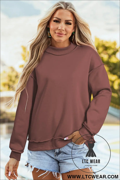 Apricot oversize drop shoulder reversible mock neck sweatshirt - sweatshirts & hoodies