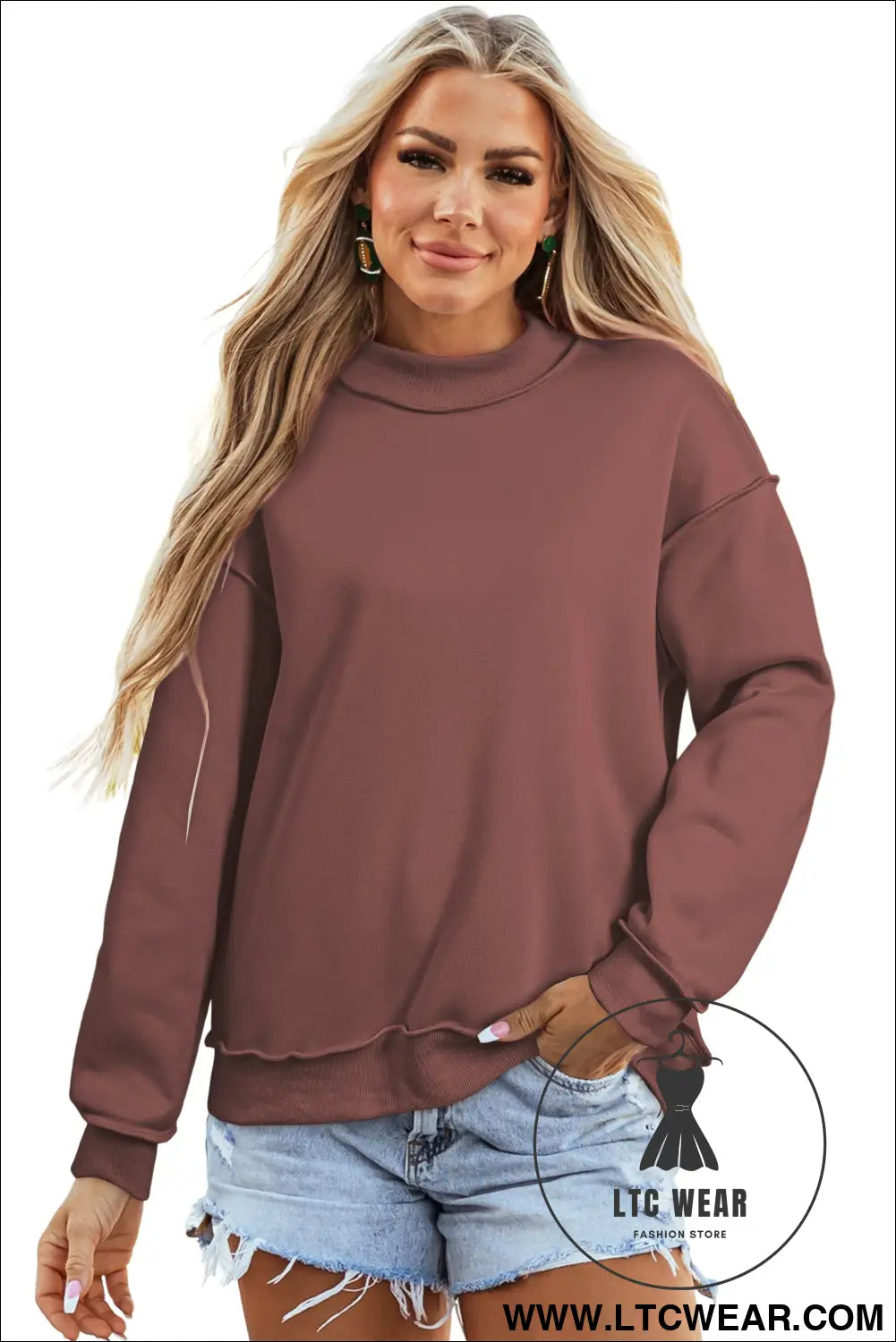 Apricot oversize drop shoulder reversible mock neck sweatshirt - sweatshirts & hoodies