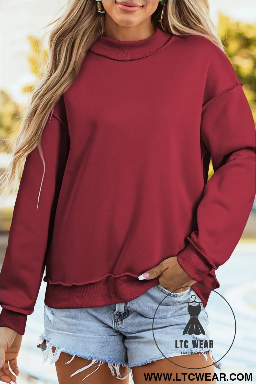 Apricot oversize drop shoulder reversible mock neck sweatshirt - sweatshirts & hoodies