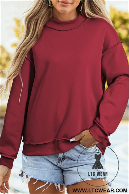Apricot oversize drop shoulder reversible mock neck sweatshirt - sweatshirts & hoodies