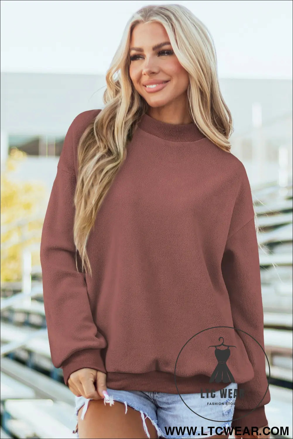 Apricot oversize drop shoulder reversible mock neck sweatshirt - sweatshirts & hoodies