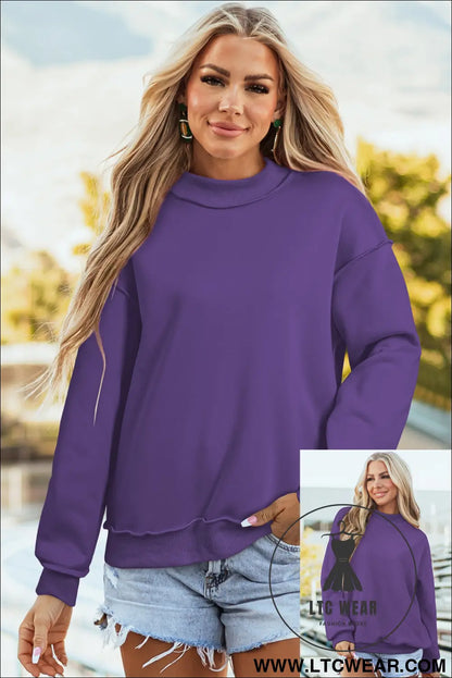 Apricot oversize drop shoulder reversible mock neck sweatshirt - tillandsia purple / l / 65% polyester + 35% cotton