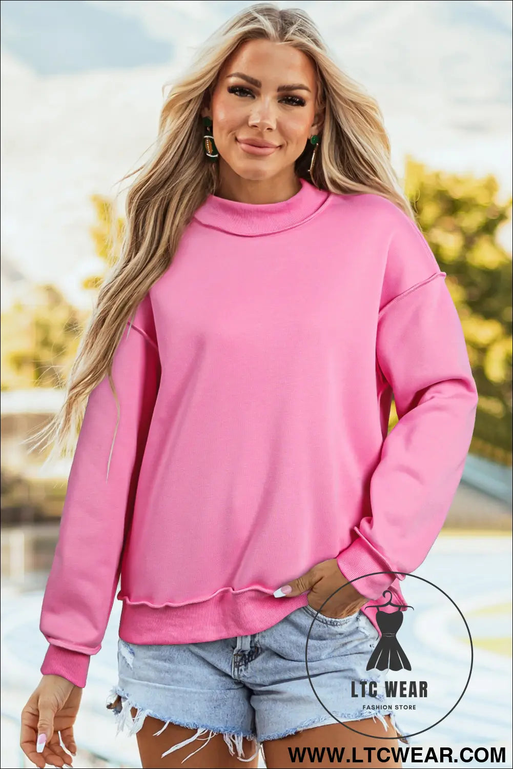Apricot oversize drop shoulder reversible mock neck sweatshirt - sweatshirts & hoodies
