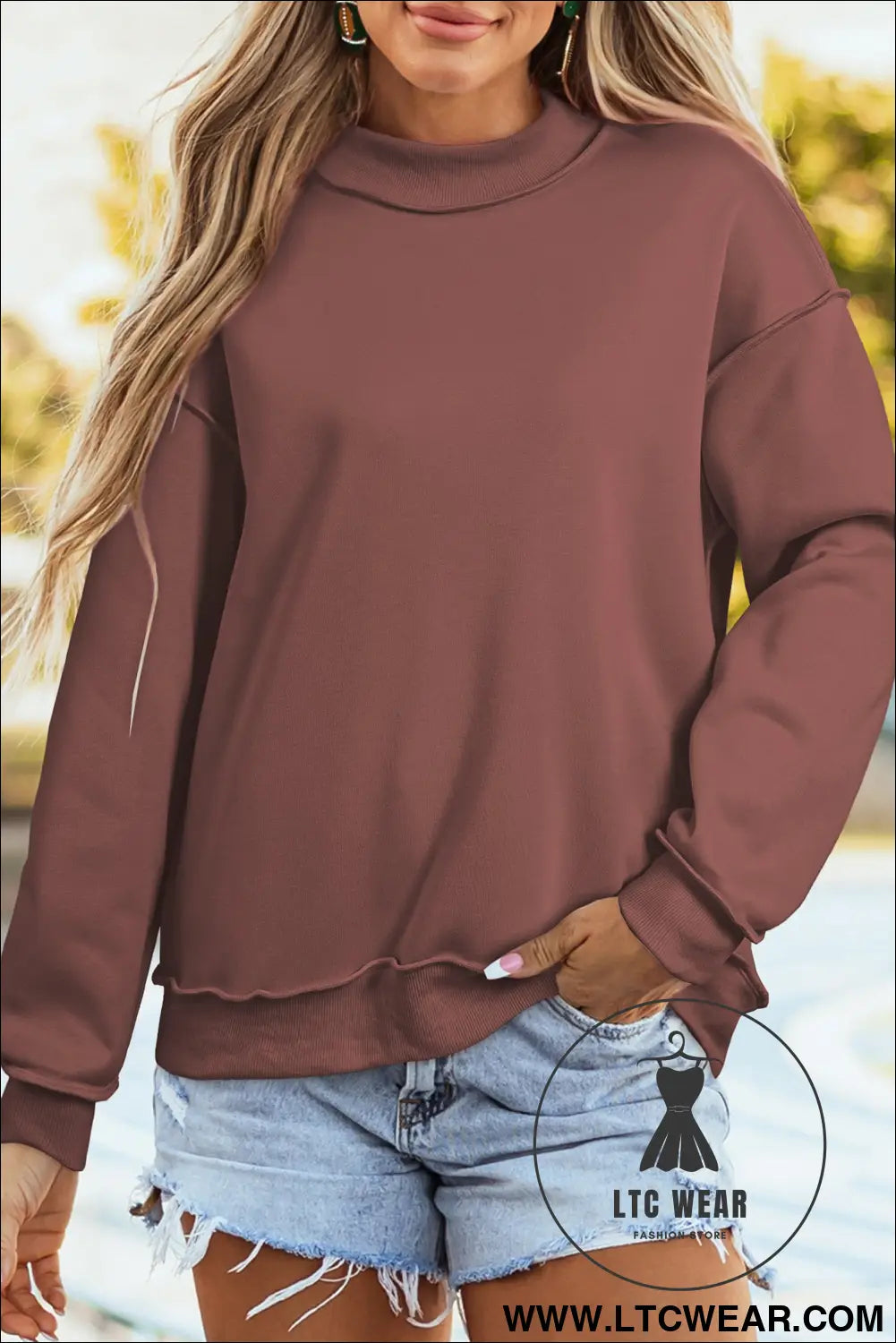 Apricot oversize drop shoulder reversible mock neck sweatshirt - sweatshirts & hoodies