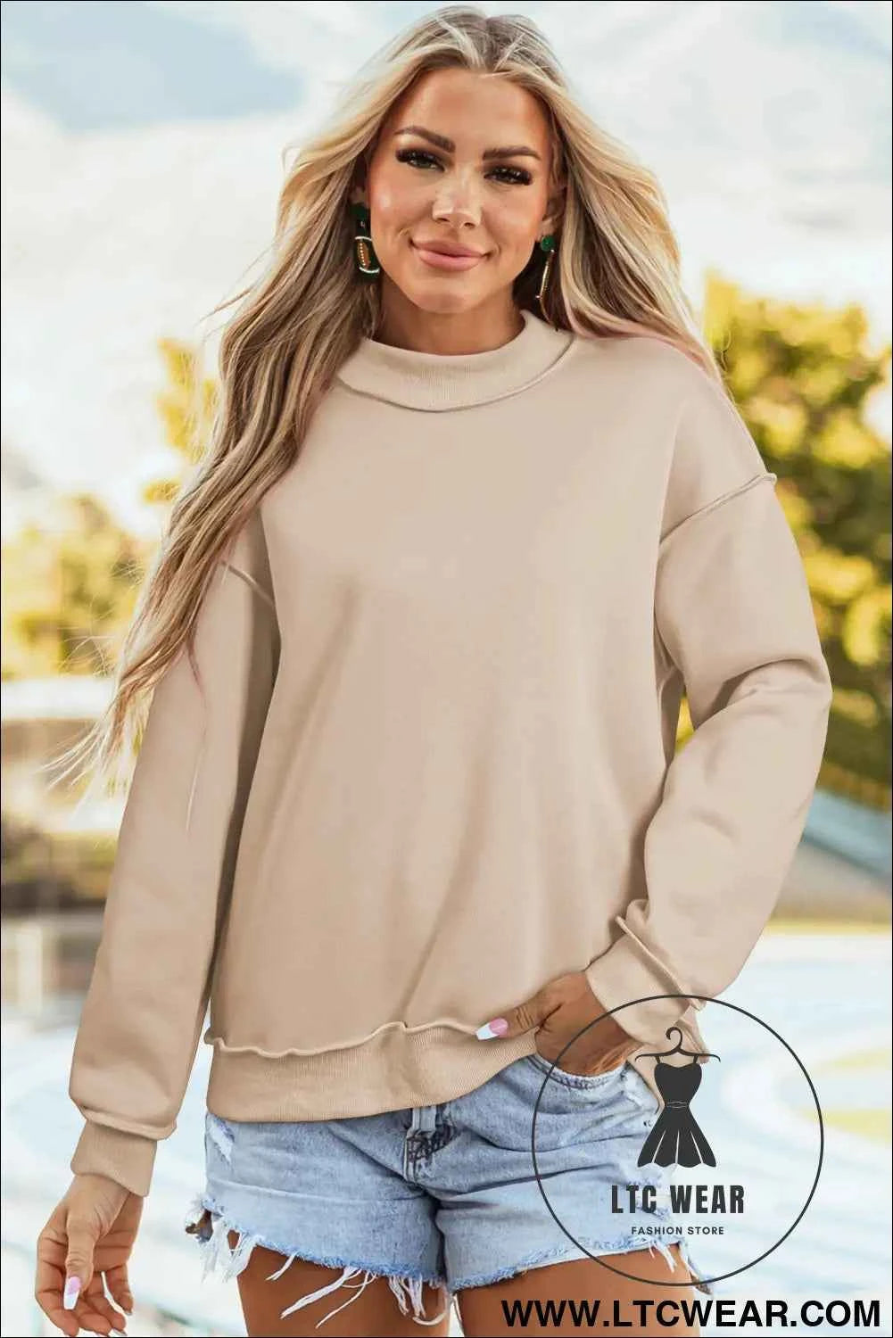 Apricot Oversize Drop Shoulder Reversible Mock Neck Sweatshirt