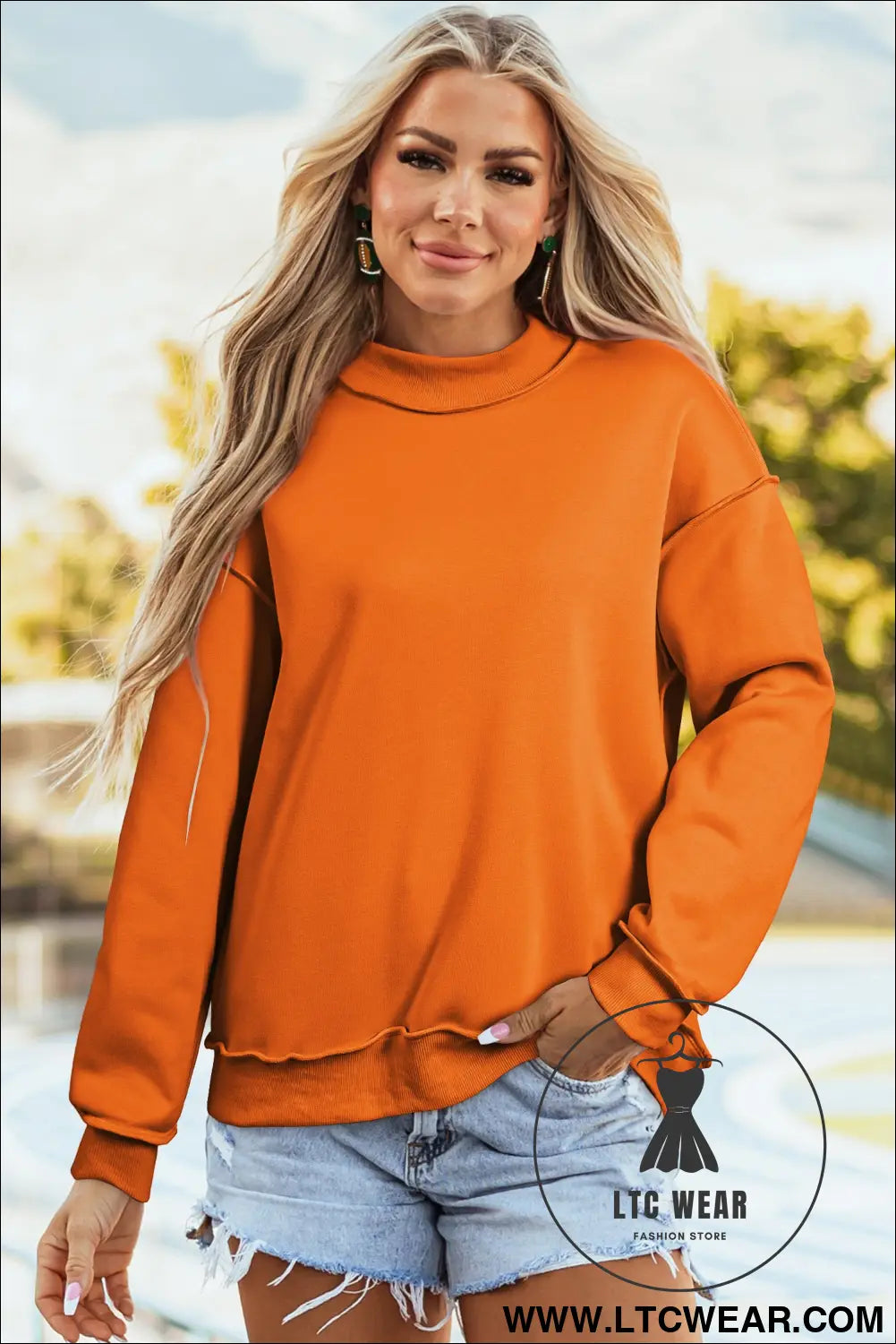 Apricot oversize drop shoulder reversible mock neck sweatshirt - sweatshirts & hoodies