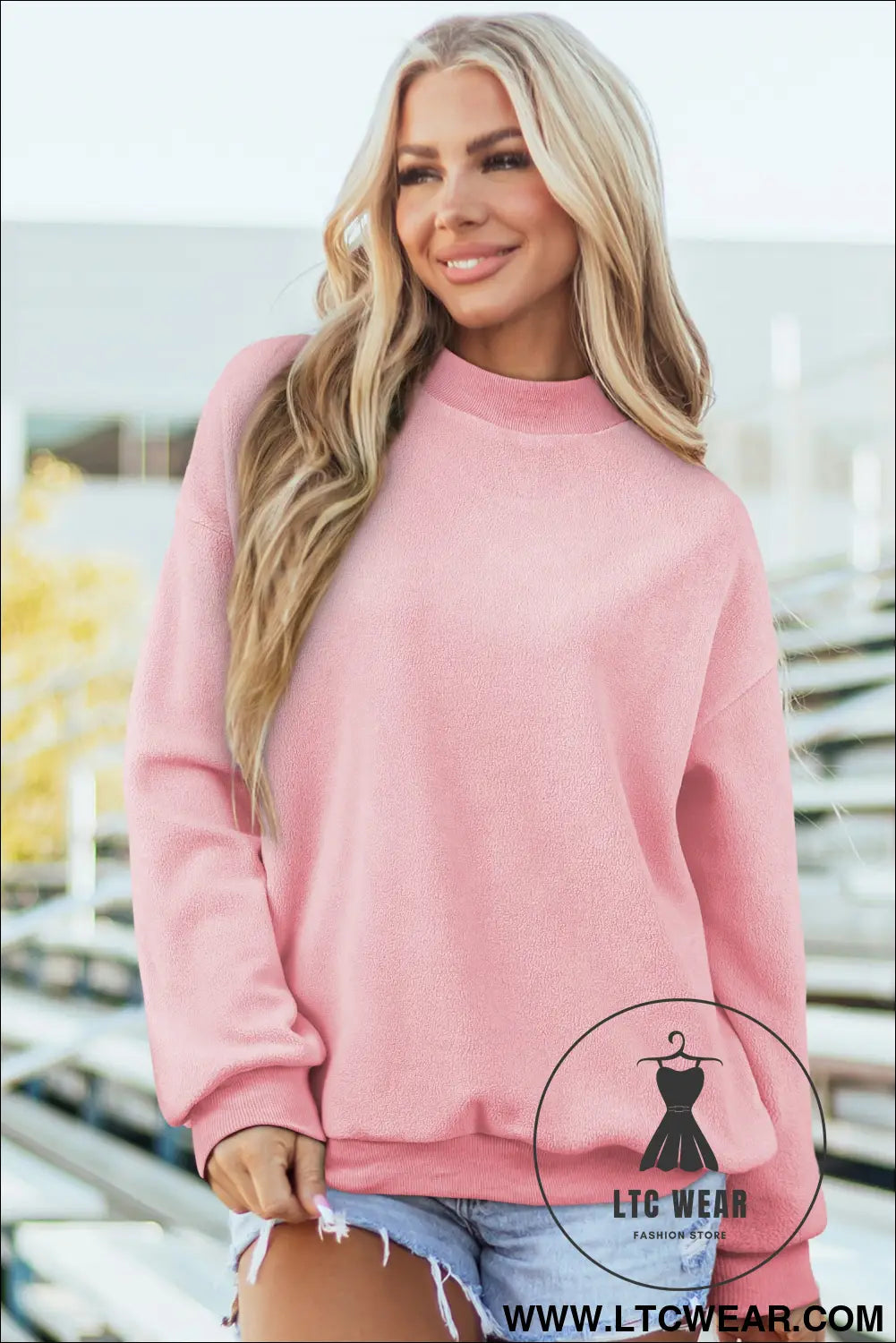 Apricot oversize drop shoulder reversible mock neck sweatshirt - sweatshirts & hoodies