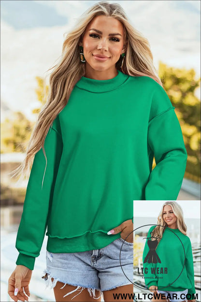 Apricot oversize drop shoulder reversible mock neck sweatshirt - bright green / l / 65% polyester + 35% cotton