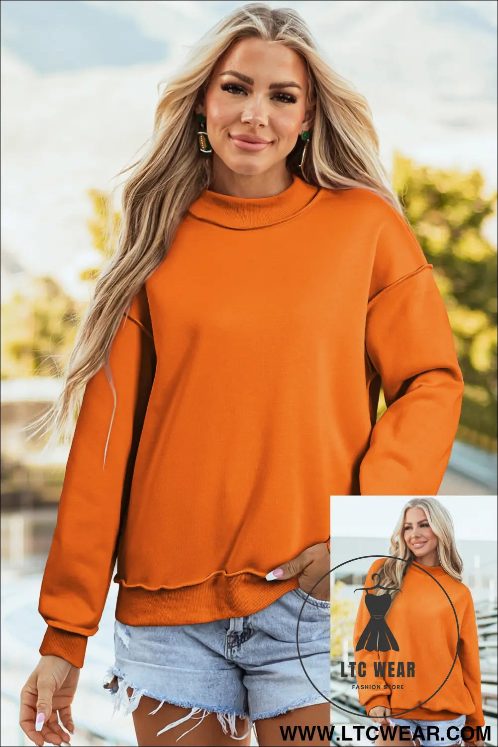 Apricot oversize drop shoulder reversible mock neck sweatshirt - carrot / l / 65% polyester + 35% cotton - sweatshirts