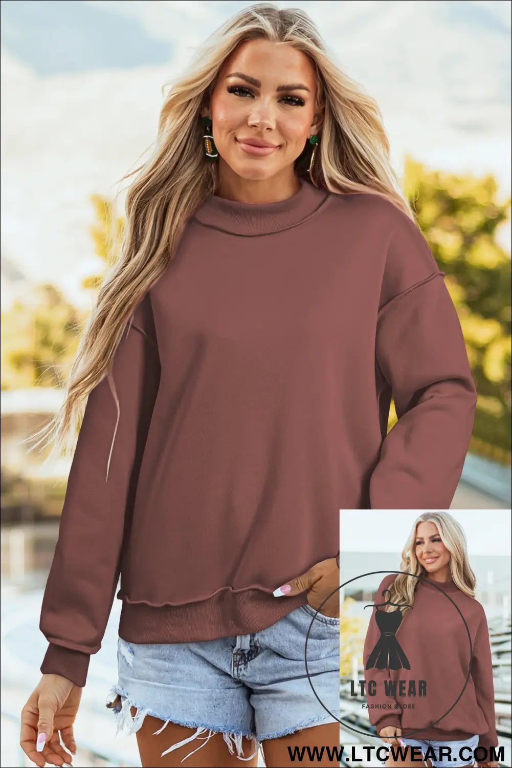 Apricot oversize drop shoulder reversible mock neck sweatshirt - coffee / l / 65% polyester + 35% cotton - sweatshirts