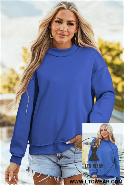 Apricot oversize drop shoulder reversible mock neck sweatshirt - dark blue / l / 65% polyester + 35% cotton