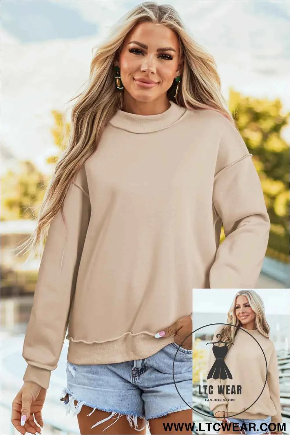 Apricot Oversize Drop Shoulder Reversible Mock Neck Sweatshirt