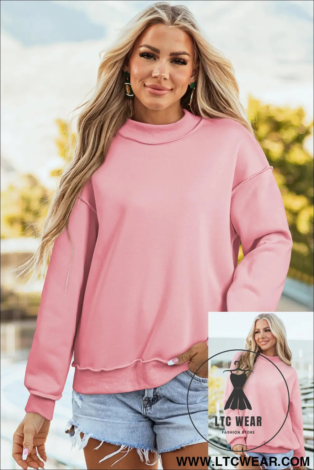 Apricot oversize drop shoulder reversible mock neck sweatshirt - light pink / l / 65% polyester + 35% cotton