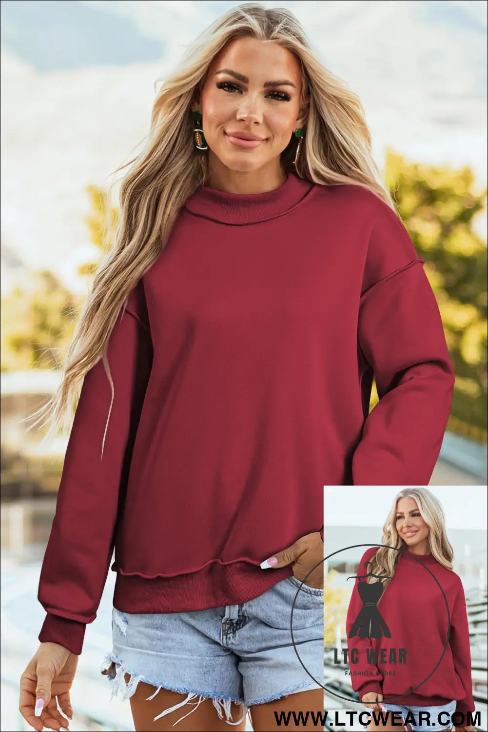 Apricot oversize drop shoulder reversible mock neck sweatshirt - red dahlia / l / 65% polyester + 35% cotton