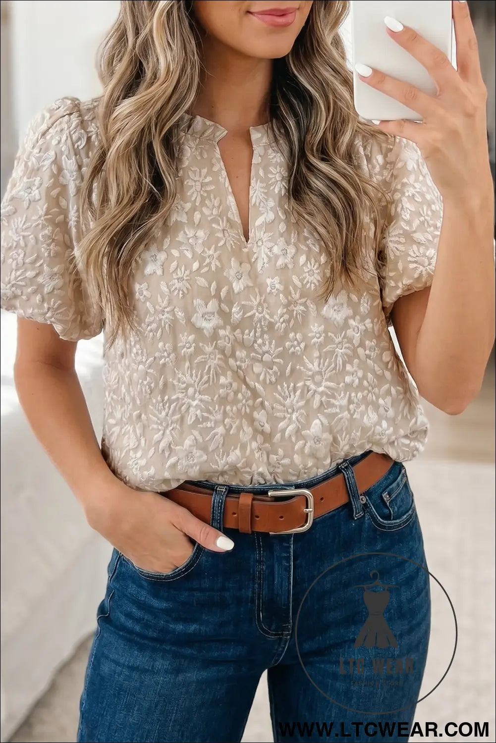 Apricot Pink Floral Textured Jacquard Puff Sleeve Blouse - L.T.C Wear Online Fashion Store