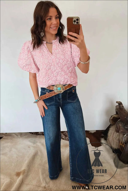 Apricot Pink Floral Textured Jacquard Puff Sleeve Blouse