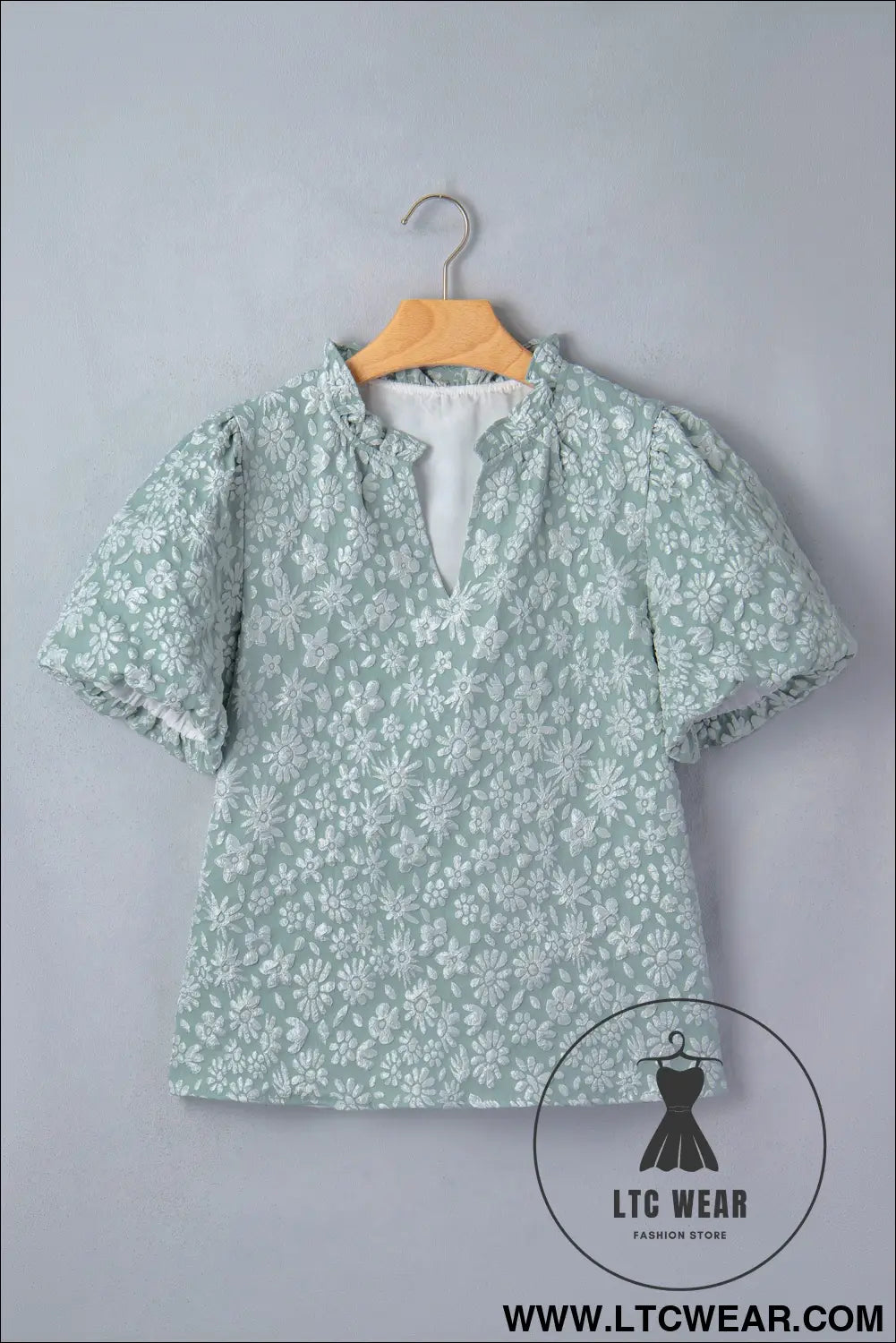 Apricot Pink Floral Textured Jacquard Puff Sleeve Blouse - L.T.C Wear Online Fashion Store