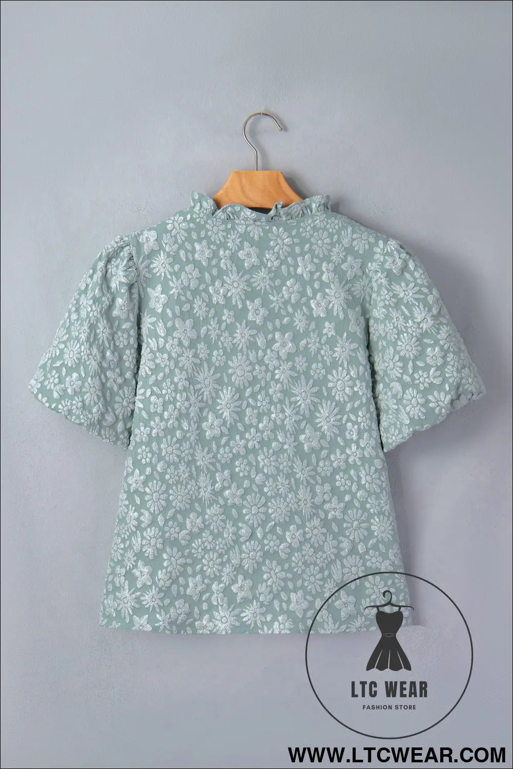 Apricot Pink Floral Textured Jacquard Puff Sleeve Blouse - L.T.C Wear Online Fashion Store