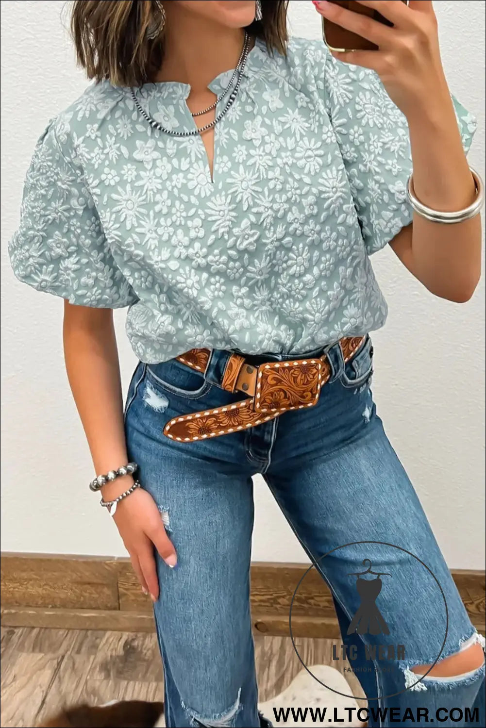 Apricot Pink Floral Textured Jacquard Puff Sleeve Blouse - L.T.C Wear Online Fashion Store